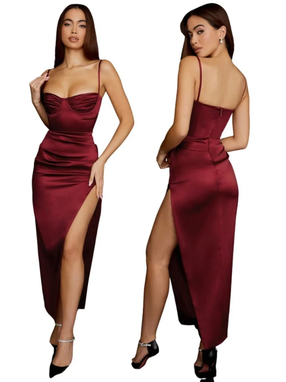 wine satin pleated corset midi dress 'Flora' Wine Satin Pleated Corset Midi Dress
